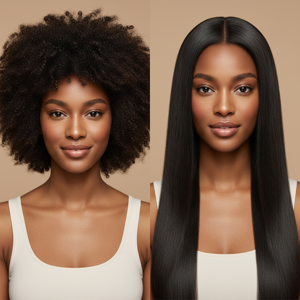Before and after chemical straightening transformation - square format