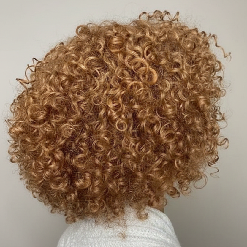 Blonde curly hair with beige background