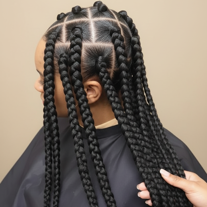 Box braids hairstyle with beige background - no watermark