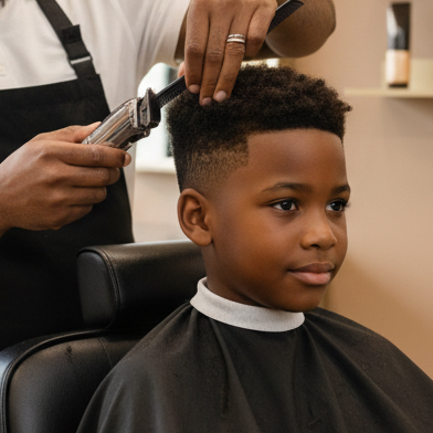 Boy haircut service in beige salon
