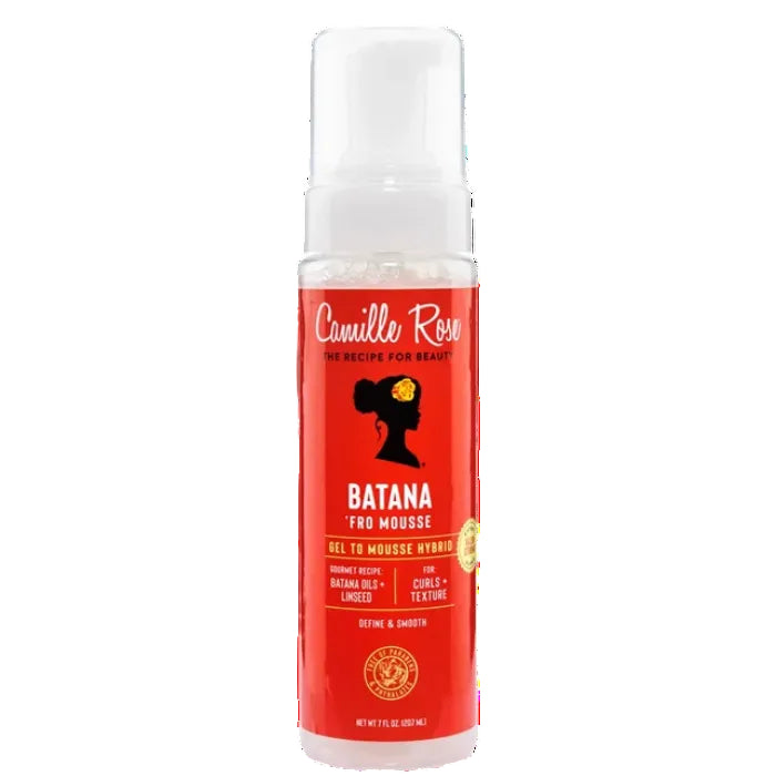 A bottle of Camillo Ross Batana for Moose gel to moisture hybrid, featuring a vibrant red label with a black silhouette of a woman and a yellow moose head graphic, on a solid white background.