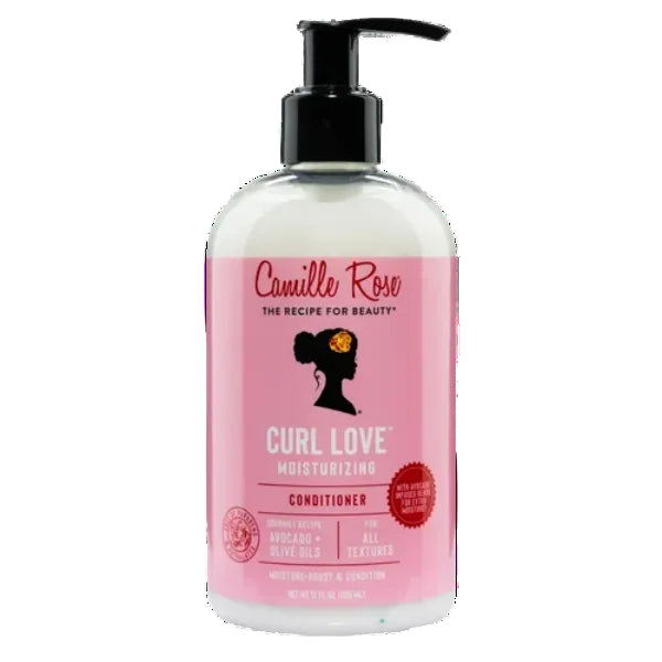 A bottle of Camille Rose Curl Love Moisturizing Conditioner on a solid white background. The bottle is clear, showing the white liquid inside, and features a pink label with a black pump dispenser.