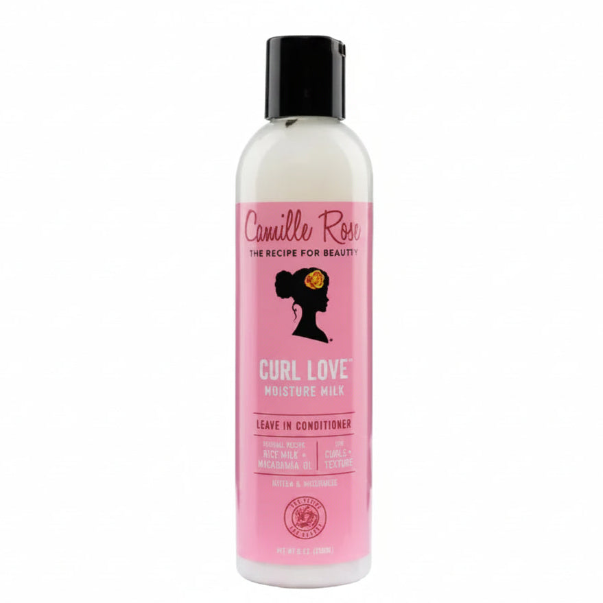 A bottle of Camille Rose Curl Love Moisture Face Leave-In Conditioner, featuring a pink label with a black cap, set against a plain white background.