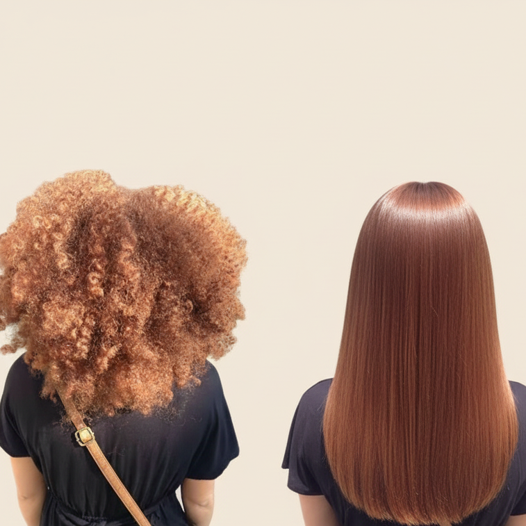 Copper hair straightening before and after with light beige background