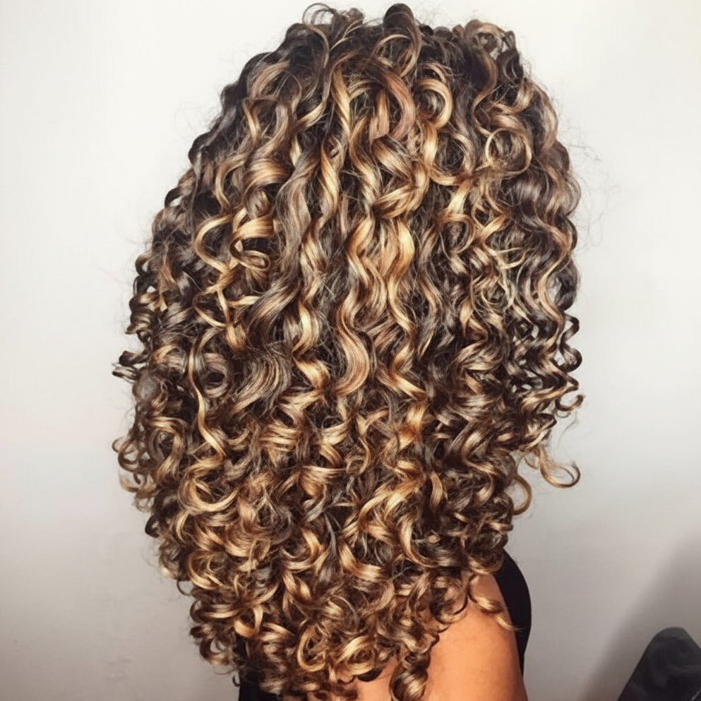 Curly hair with highlights on light beige background