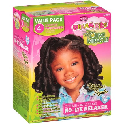 Dream Kids Olive Miracle No-Lye Relaxer Value Pack box featuring a smiling young girl with styled dark curls on the front, with pink, green, and yellow packaging.