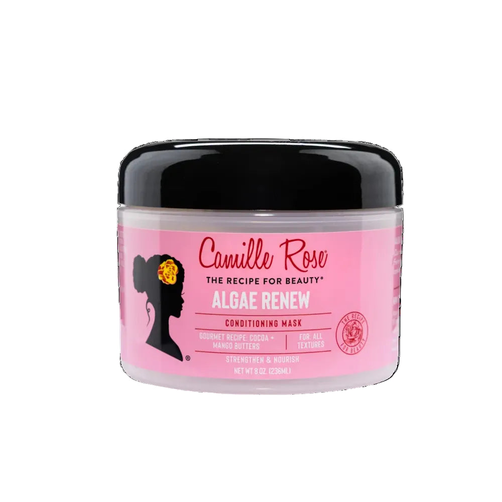 A jar of Camille Rose Algae Renew Conditioning Mask on a plain white background. The product features a black lid and a pink label with a black silhouette of a woman's profile.
