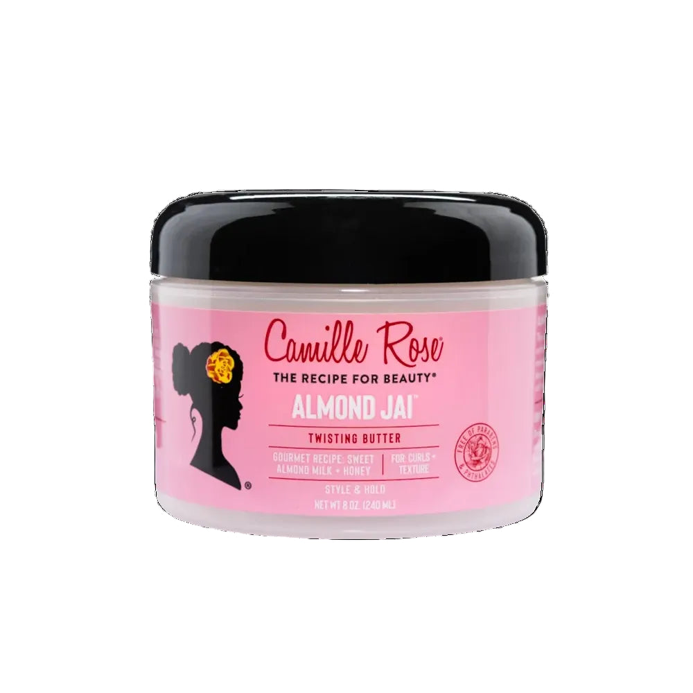 A jar of Camille Rose Almond Jai Twisting Butter on a solid white background. The product features a pink label with a black silhouette of a woman and a black lid.