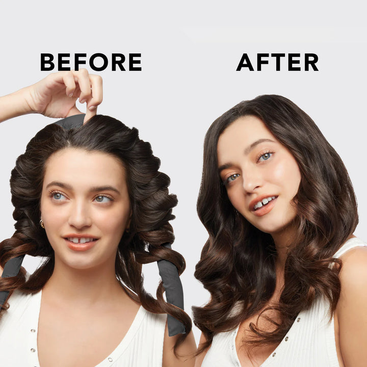 Before and after comparison of a woman with styled hair on a plain background