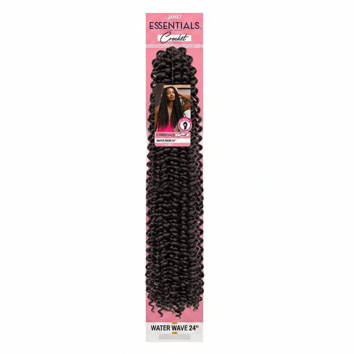 A package of 4-piece Essentials Curling Crimp hair extensions in a water wave style, featuring dark brown/black curly hair on a pink backing card.