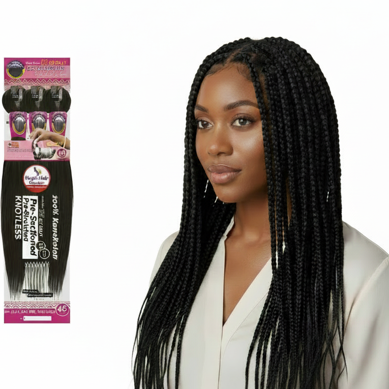 A side-by-side product presentation of black synthetic braiding hair. On the left is the retail packaging for 'High Life' brand 100% Keratin-Moisture 'Mossless' braiding hair.