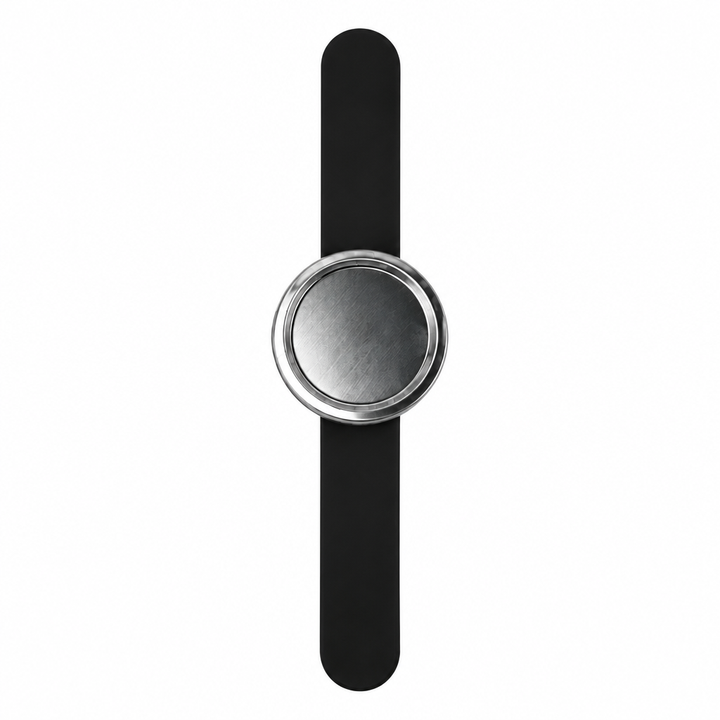 A minimalist black watch with a slim black strap and a round silver-toned bezel, centered on a plain white background.