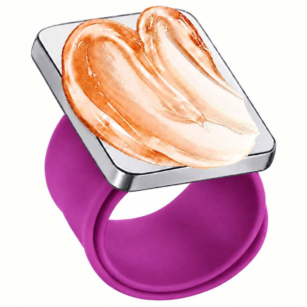 A sculptural ring featuring a wide purple silicone band and a square silver-toned top displaying a glossy, swirled peach and cream liquid texture, set against a plain white background.