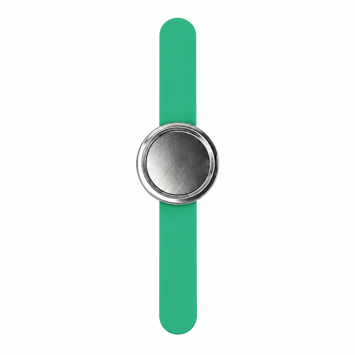 A mint green silicone watch band with a brushed silver metal circular clasp, shown vertically on a plain white background.