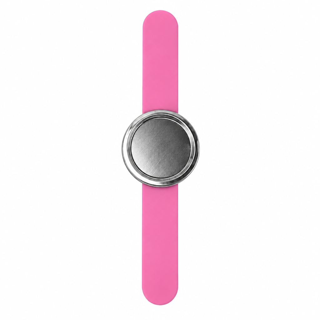 A pink silicone watch band with a circular silver metal magnetic closure, shown vertically on a plain white background.