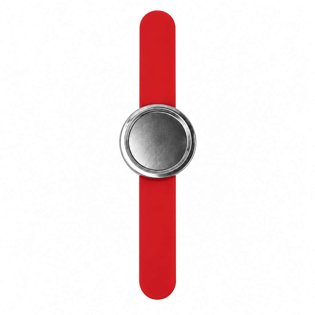 A minimalist wristwatch featuring a vibrant red silicone strap and a round silver-tone metal bezel with a brushed metallic center, shown against a plain white background.