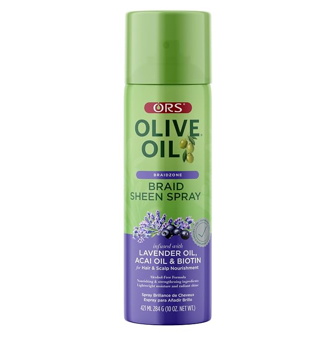 A bottle of ORS Olive Oil Braidzone Braided Sheen Spray in lavender scent, featuring a light green cap and body with a purple lower section, on a white background.