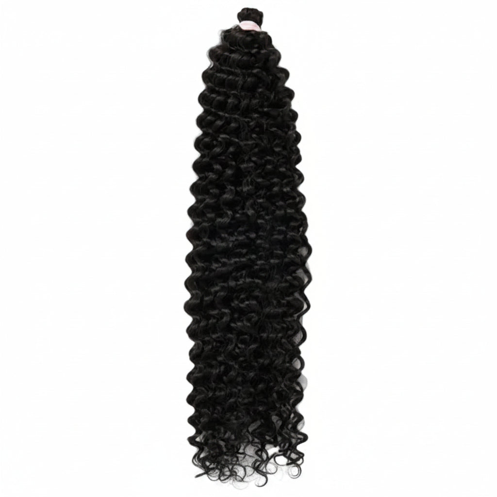 A bundle of long, black, deep wave or curly hair extensions with tight, glossy curls, tied at the top with a small pink band, shown against a plain white background.