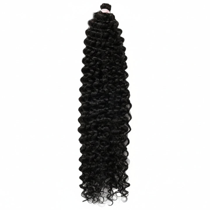 A bundle of long, black, deep wave or curly hair extensions with tight, glossy curls, tied at the top with a small pink band, shown against a plain white background.