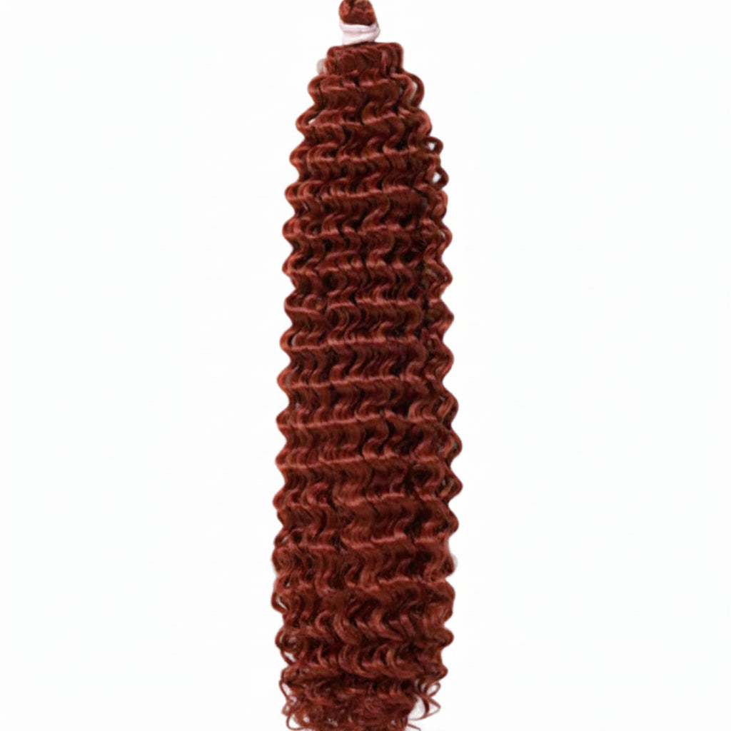 A bundle of deep wave or curly hair extensions in a rich auburn red-brown shade, shown against a plain white background.