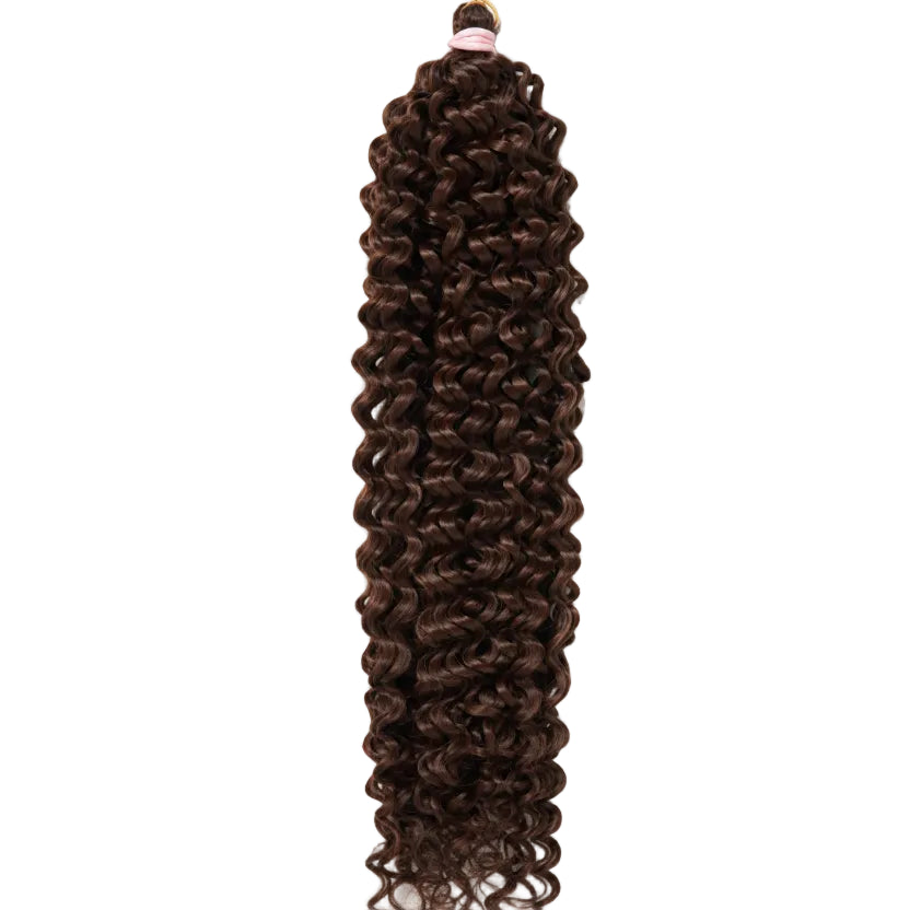 A bundle of dark brown curly wig extensions or hair wefts with a small pink and gold top band, shown against a plain white background.