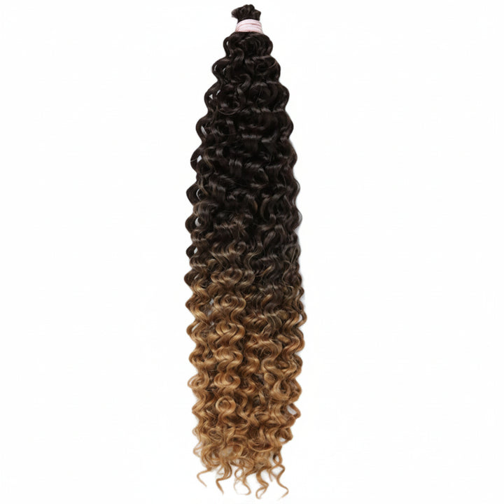 A bundle of curly hair weave extensions with a dark brown to light brown ombré color transition, shown against a plain white background.