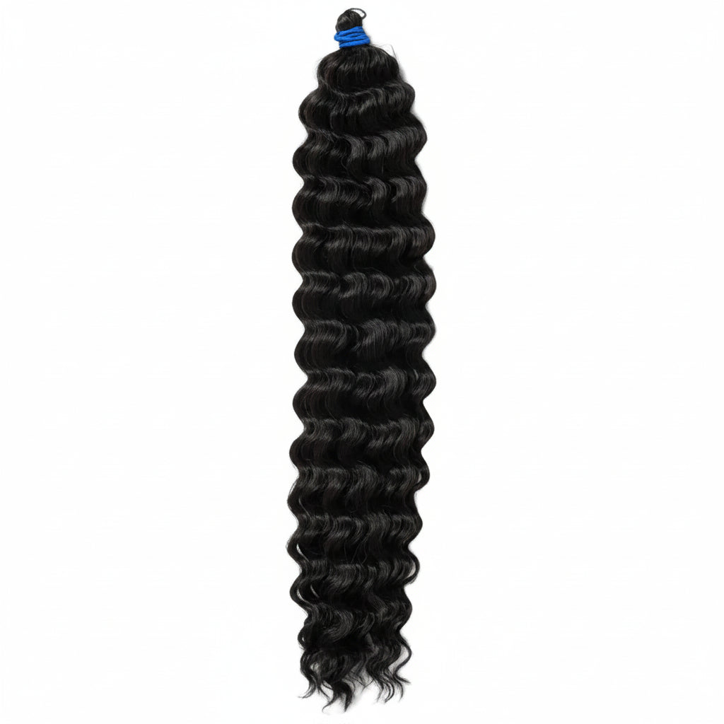 A single bundle of long, black, deep wave hair extensions with a blue elastic tie, shown vertically against a plain white background.