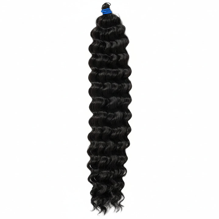 A single bundle of long, black, deep wave hair extensions with a blue elastic tie, shown vertically against a plain white background.