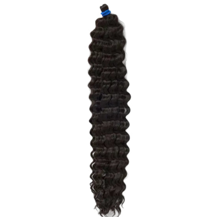 A single bundle of long, dark brown to black deep wave hair extensions with a blue tie band, shown vertically against a plain white background.