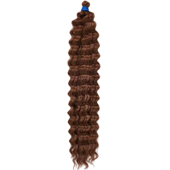 A packaged synthetic hair extension with a curly texture, branded &