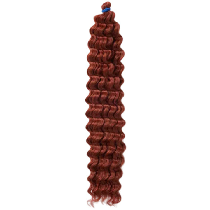 A single bundle of deep wave hair extensions in a warm auburn red color, tied with a small blue band at the top, shown against a plain white background.