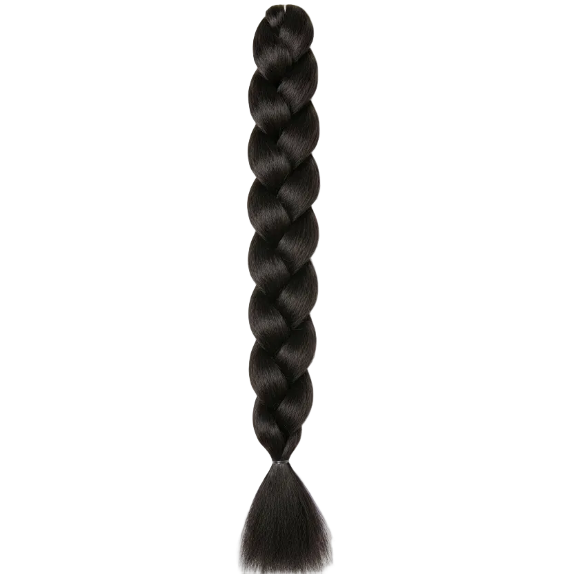 A single long black braided hair extension braid with a thick, uniform twist pattern and a small gathered tassel end, shown vertically against a plain white background.
