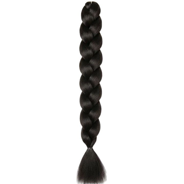 A single long black braided hair extension braid with a thick, uniform twist pattern and a small gathered tassel end, shown vertically against a plain white background.