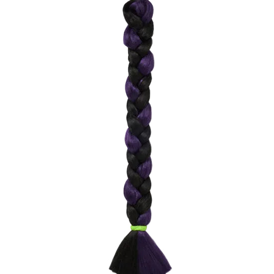 A long braided synthetic hair extension with alternating black and purple braids, finished with a split tassel in black and purple, secured with a lime green band, shown against a plain white background.