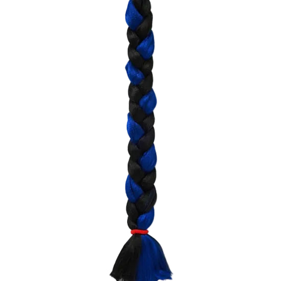 A long braided synthetic hair extension or ponytail tail, featuring alternating thick black and vibrant royal blue braids, finished with a small red elastic band and a black and blue tassel, shown against a plain white background.