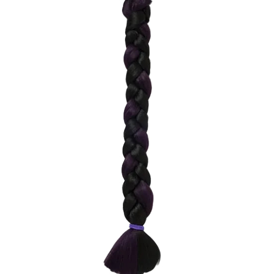 A single long braided hair extension or synthetic braid in alternating black and deep purple tones, shown vertically against a plain light gray background.