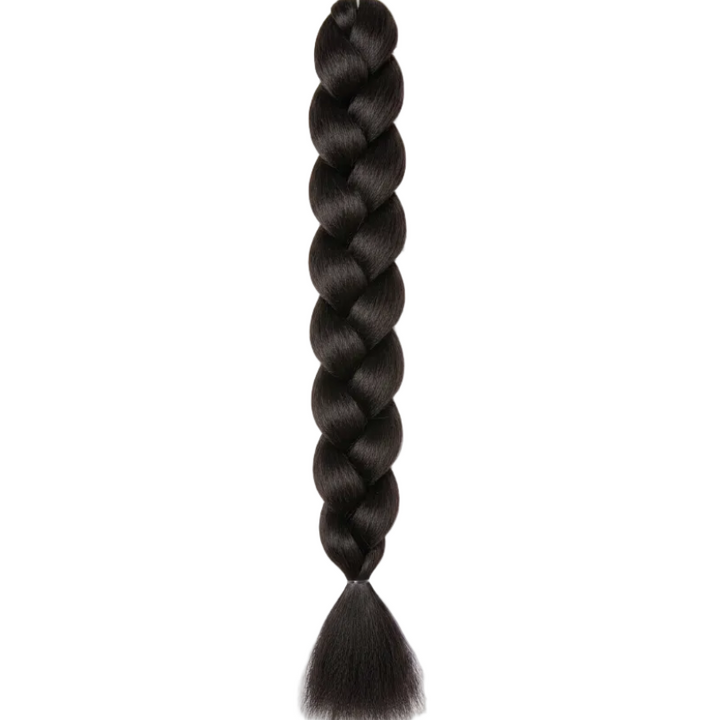 A single long black braided hair extension braid with a tapered tail, shown vertically against a plain white background.