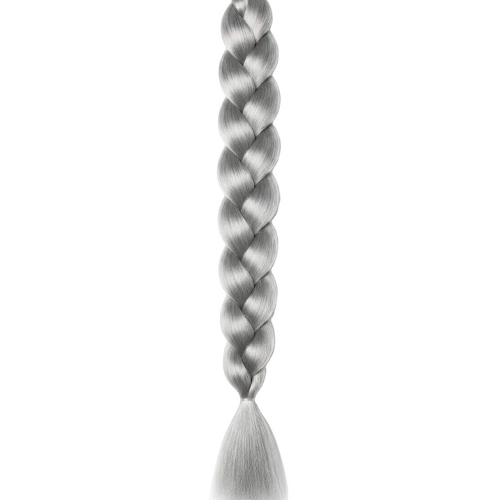 A single long braided synthetic hair extension in a cool silver-gray color, shown vertically against a plain white background.