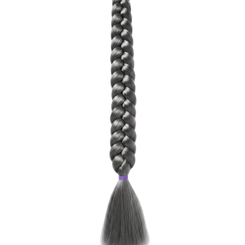 A long, thick black and gray braided synthetic hair extension with a purple elastic band and a tassel end, shown against a plain white background.