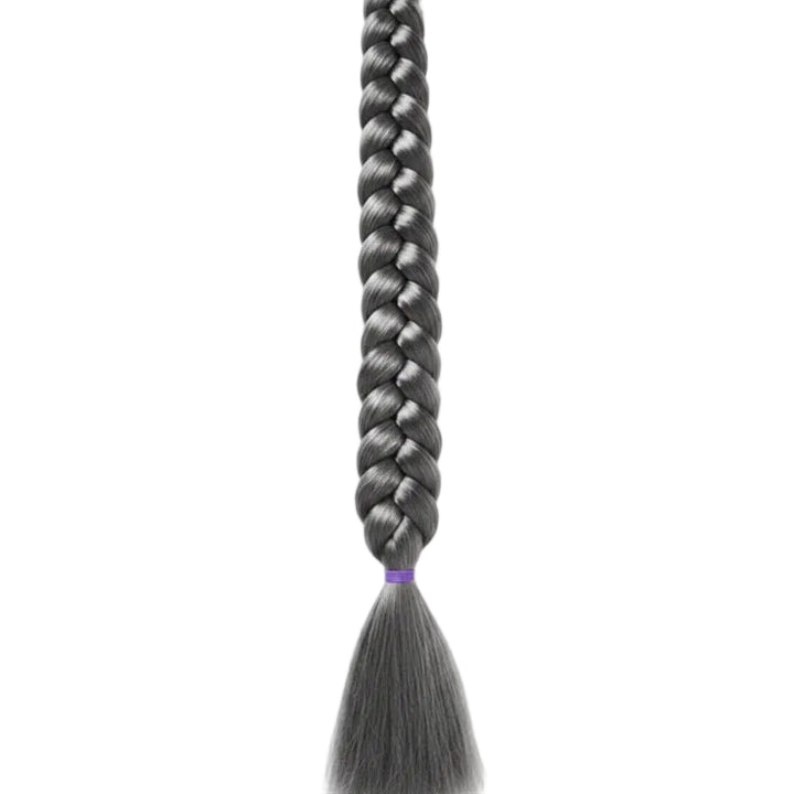 A long, thick black and gray braided synthetic hair extension with a purple elastic band and a tassel end, shown against a plain white background.