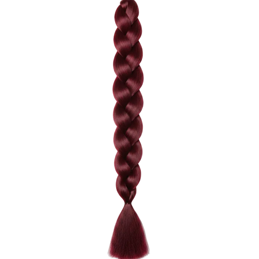 A single long braided synthetic hair extension in a deep burgundy color, shown vertically against a plain white background.