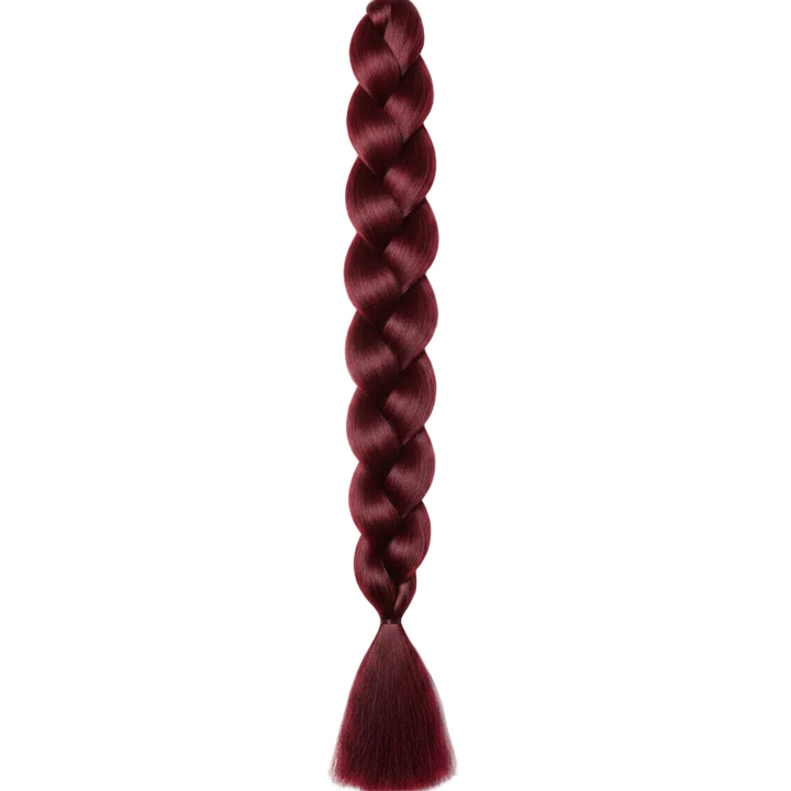 A single long braided synthetic hair extension in a deep burgundy color, shown vertically against a plain white background.