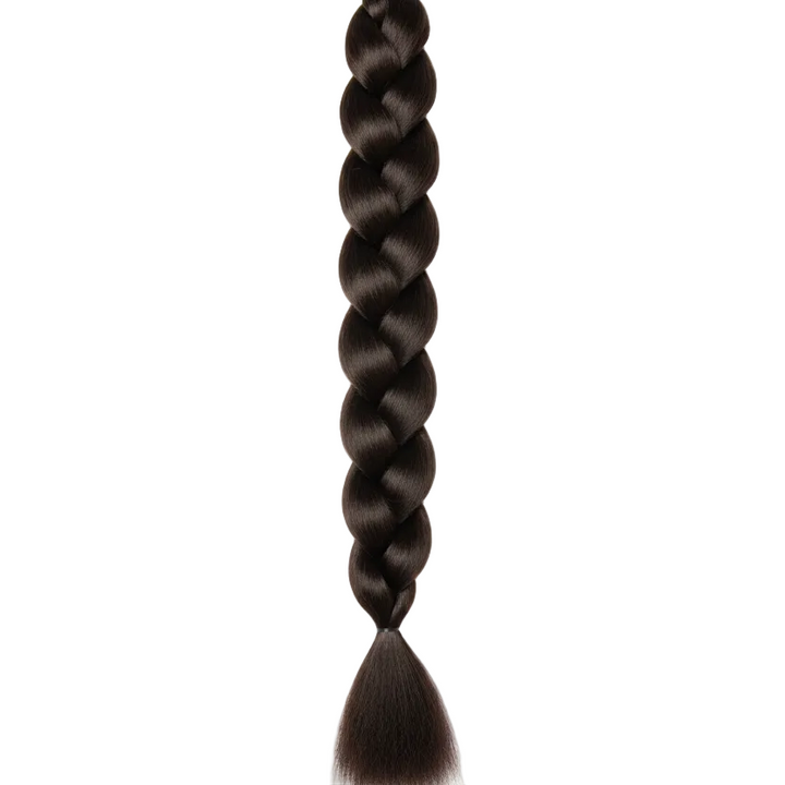 A single long dark brown braided hair extension or braid shown vertically against a plain white background.