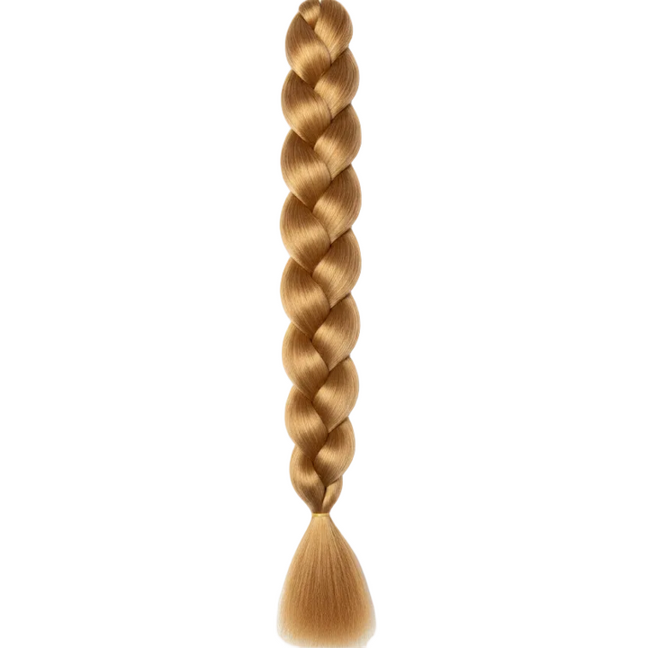 A long, thick three-braided synthetic hair extension in a warm golden blonde color, shown vertically against a plain white background.
