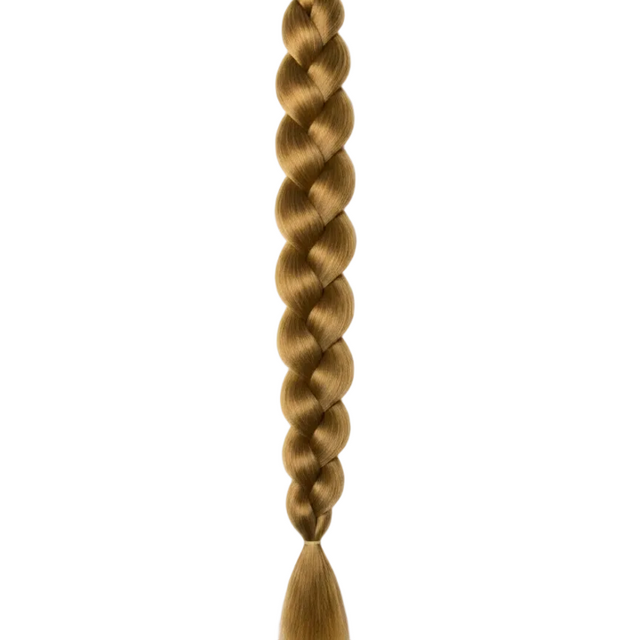 A single long braided synthetic hair extension in a warm golden blonde color, shown vertically against a clean white background.