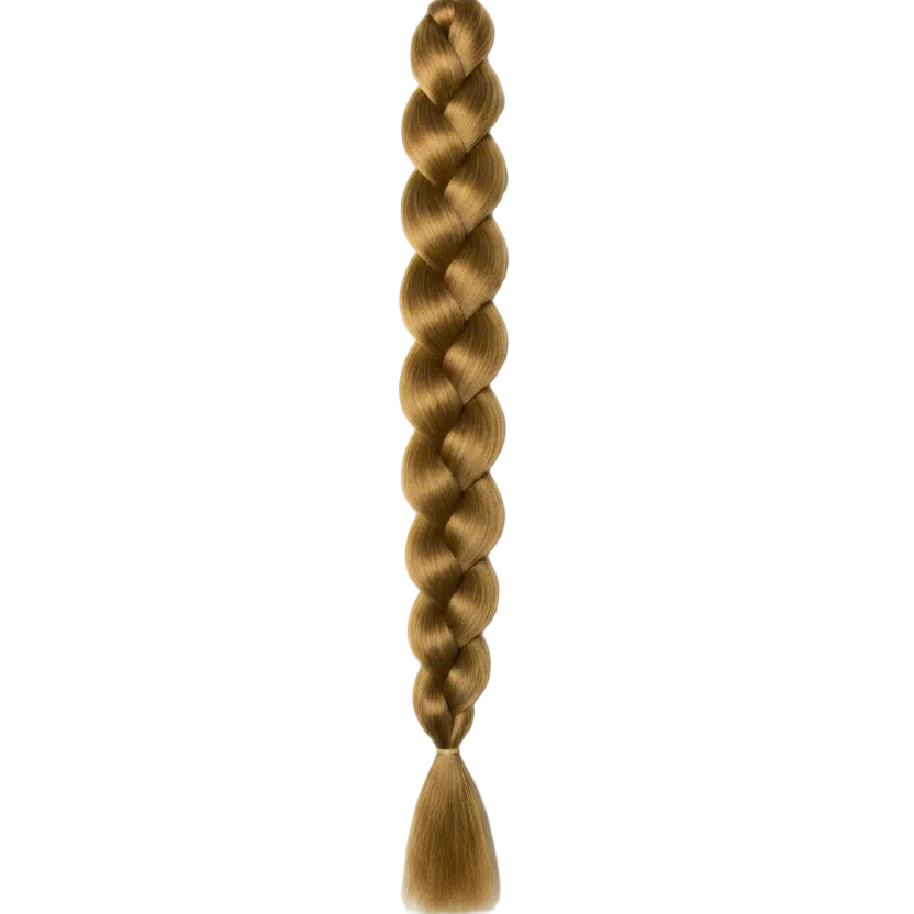A single long braided hair extension or braid swatch in a warm golden blonde shade, shown vertically against a plain light gray background.