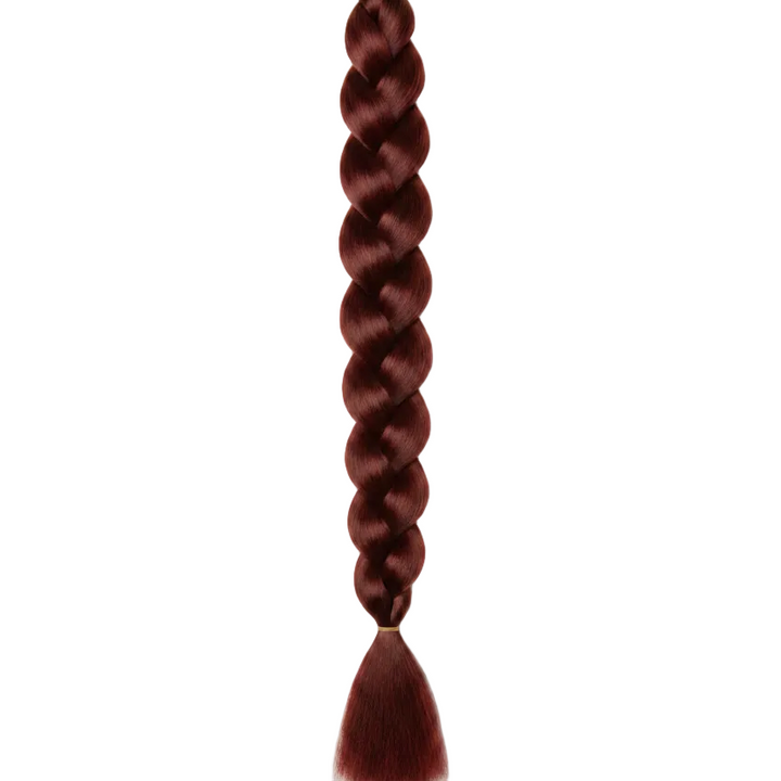A long, thick three-braided synthetic hair extension in a deep burgundy red color, shown vertically against a plain light gray background.