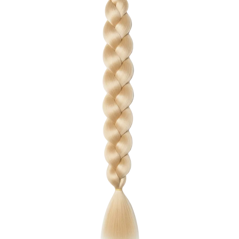 A single long synthetic braided hair extension in a light blonde color, shown vertically against a clean white background.