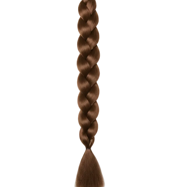 A single long brown braided hair extension or braid shown upright against a plain white background.
