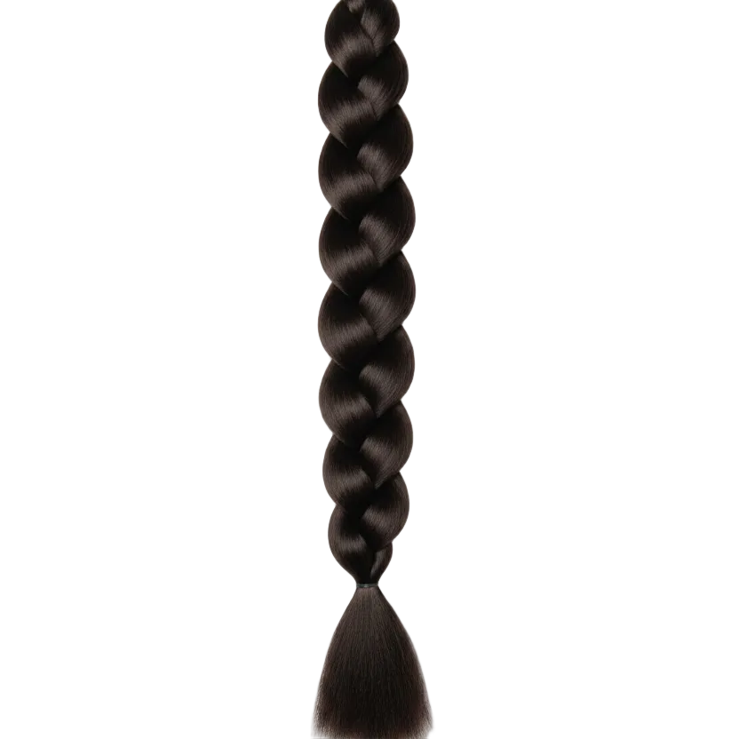 A single long dark brown braided hair extension or braid shown vertically on a plain light gray background.